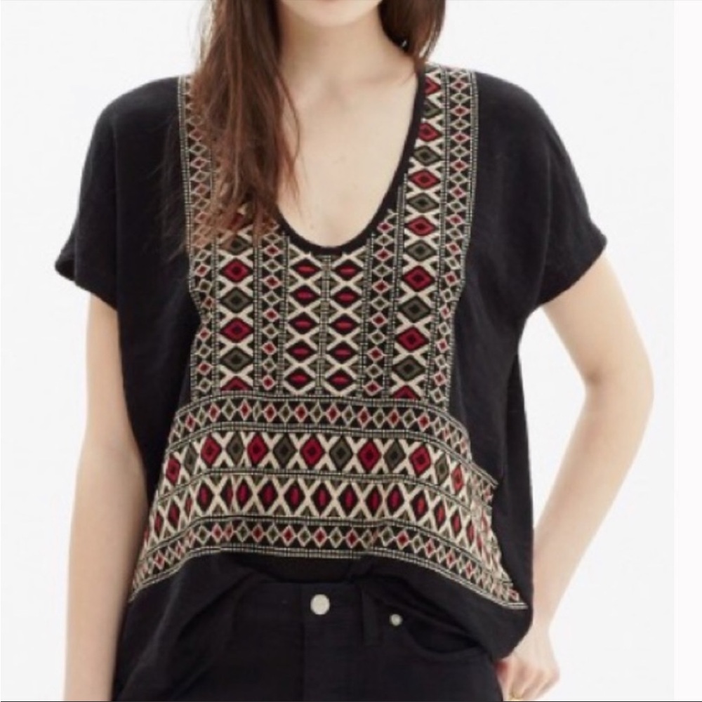 Madewell black, red, & cream embroidered top Size XS